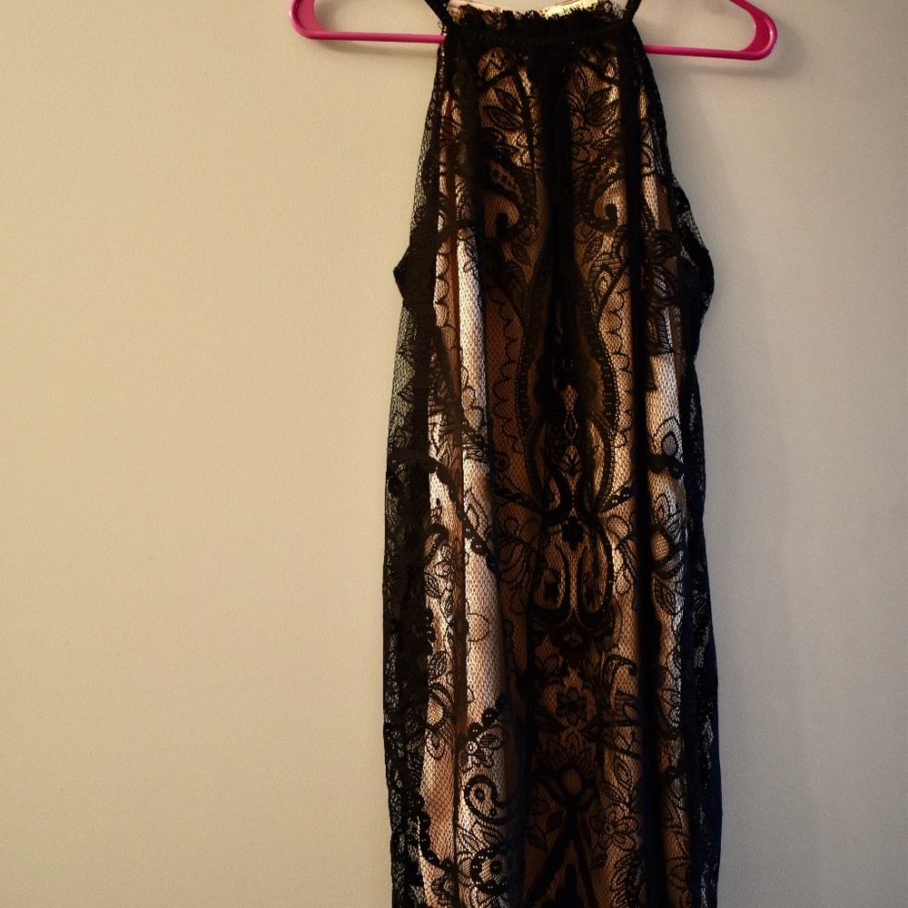 Black lace dress with nude slip